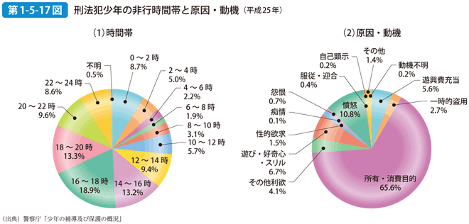 第1-5-17図 刑法犯少年の非行時間帯と原因・動機（平成25年）