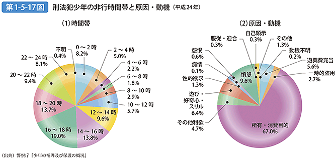 第1-5-17図 刑法犯少年の非行時間帯と原因・動機（平成24年）