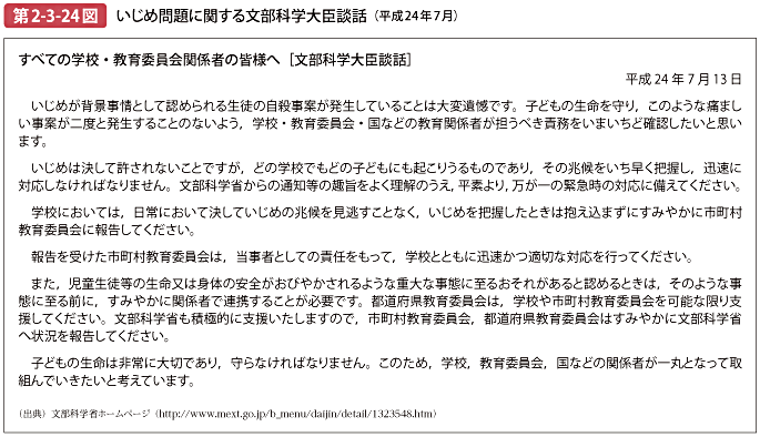 第2-3-24図 いじめ問題に関する文部科学大臣談話（平成24年7月）