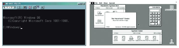 MS DOSのインターフェース（左）とMac OSのGUI（右）