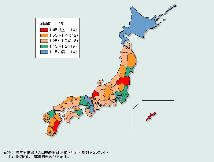 第1‐1‐15図 都道府県別合計特殊出生率地図（2005年）