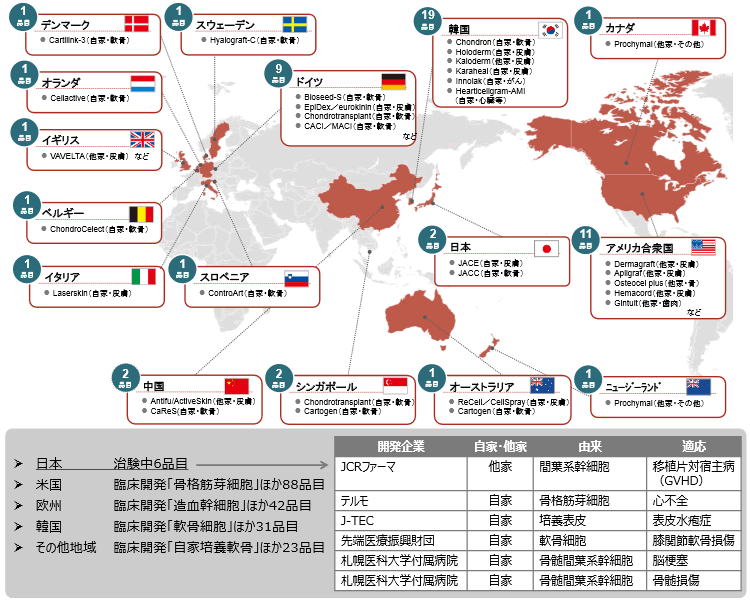 世界の市場に流通する再生医療品