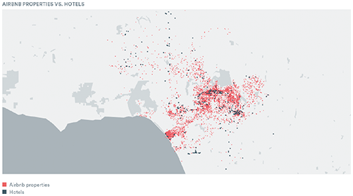 図表4-2-1-6 Airbnbとホテルの位置（ロサンゼルスの例）