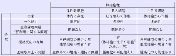 表2 再生医療研究に用いられる主な幹細胞の種類と特徴