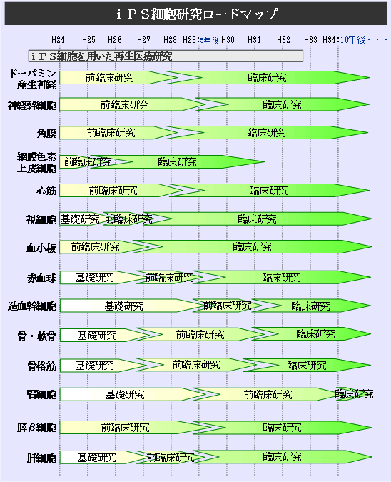 図4 iPS細胞を用いた再生医療研究ロードマップ