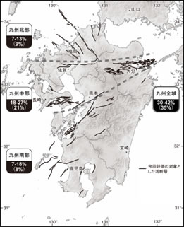 第2－3－1図 九州地域の活断層の長期評価（今後30年以内に M6.8以上の地震が発生する確率）