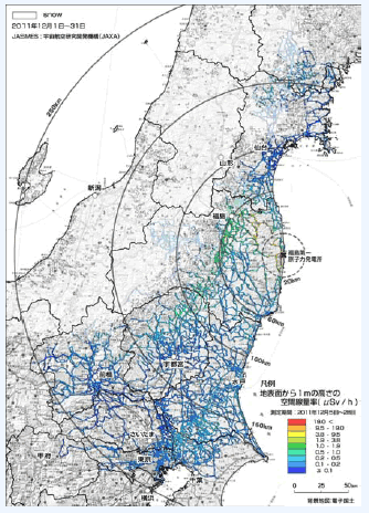 第1－2－9図 KURAMAを用いた走行サーベイによる連続的な空間線量率の測定結果（平成23年12月時点）