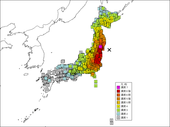 図1 各地の震度分布