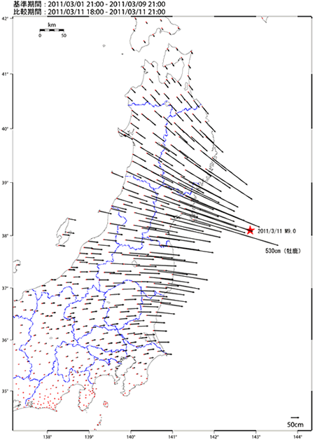 図2 本震（M9．0）に伴う地殻変動（水平）（牡鹿）（暫定）