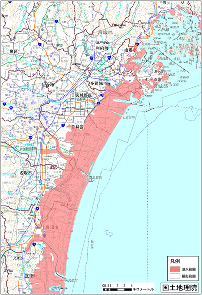 図4 宮城県名取川河口周辺における浸水範囲概況図