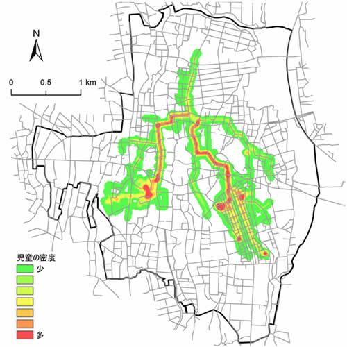 第1－3－2図 GPSを用いた子どもの日常行動の密度分布