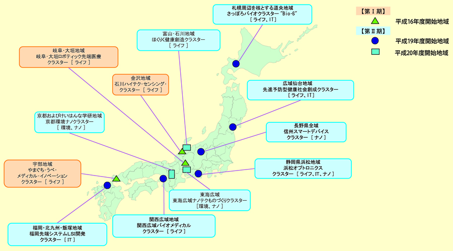 図表 2-5-11 知的クラスター創成事業(第I期，第II期) 実施地域