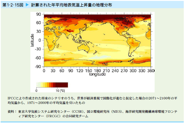   計算された年平均地表気温上昇量の地理分布