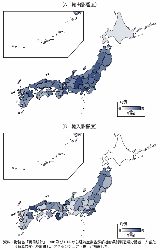 第Ⅱ-1-3-2-3図　都道府県別製造業労働者一人当たり貿易額変化（1990-2007年）