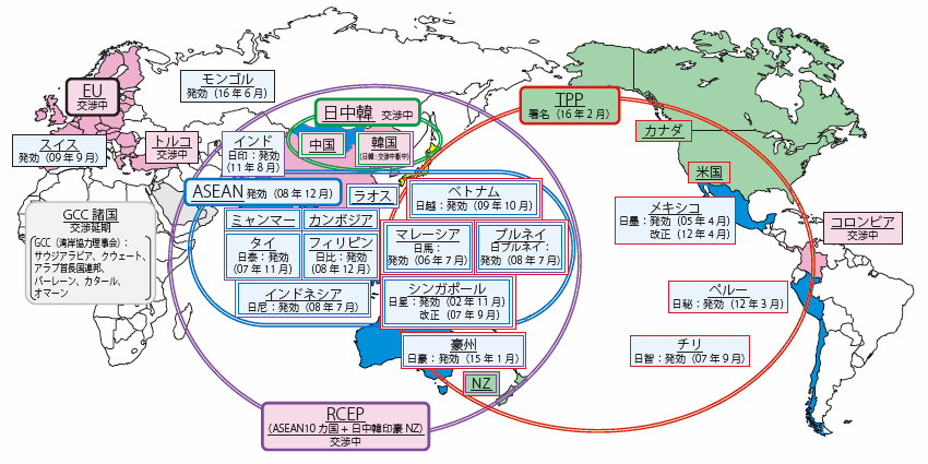 第Ⅲ-2-1-4図　日本の経済連携の推進状況（2017年3月現在）