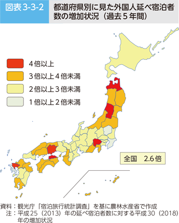 図表3-3-2　都道府県別に見た外国人延べ宿泊者数の増加状況（過去5年間）
