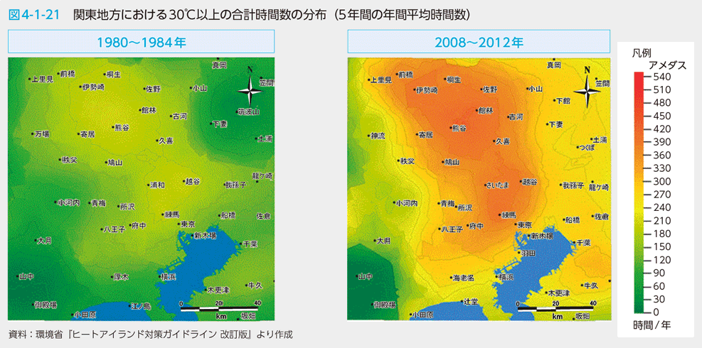 図4-1-21 関東地方における30℃以上の合計時間数の分布（５年間の年間平均時間数）