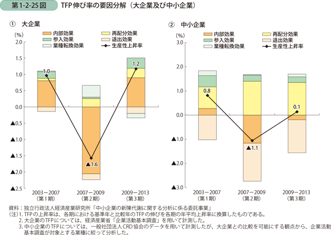 TFP伸び率の要因分解（大企業及び中小企業）