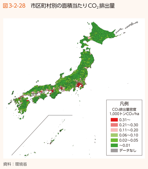 図3-2-28 市区町村別の面積当たりCO2排出量