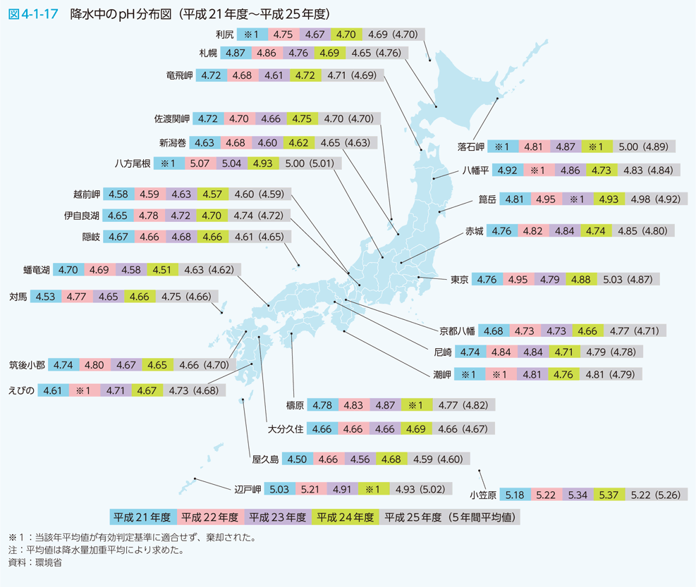 図4-1-17 降水中のpH分布図（平成21年度〜平成25年度）