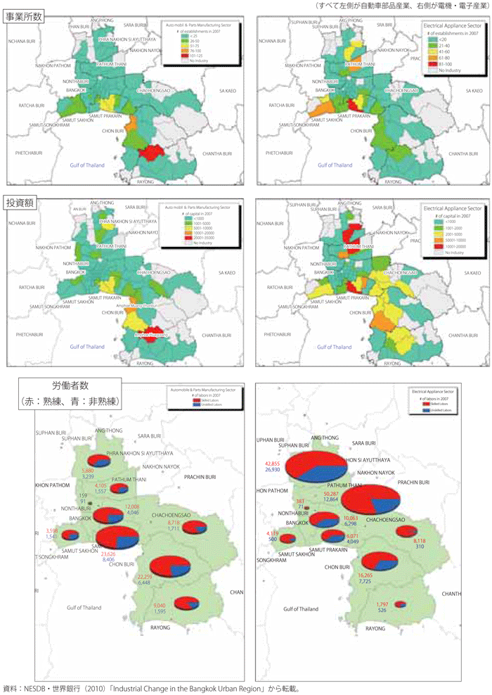 第2-3-3-8図　タイ･バンコク都市圏内の自動車部品産業と電機・電子産業の集積地比較
