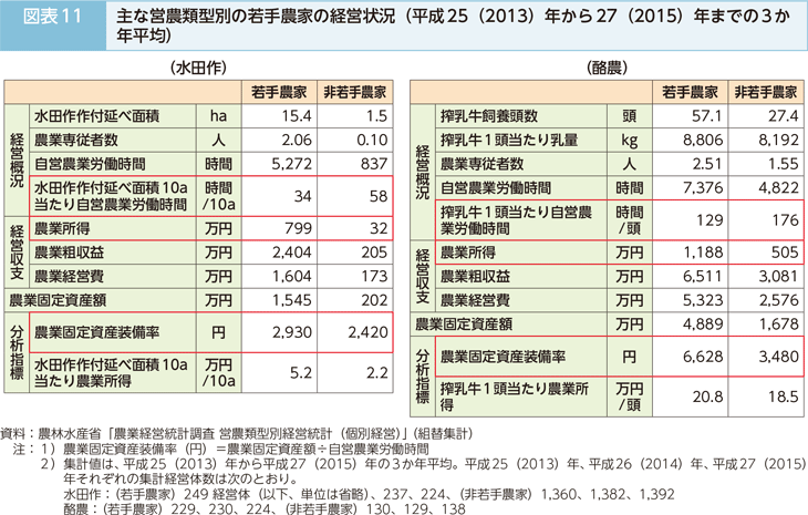 図表11　主な営農累計別の若手農家の経営状況（平成25（2013）年から27（2015）年までの3か年平均）