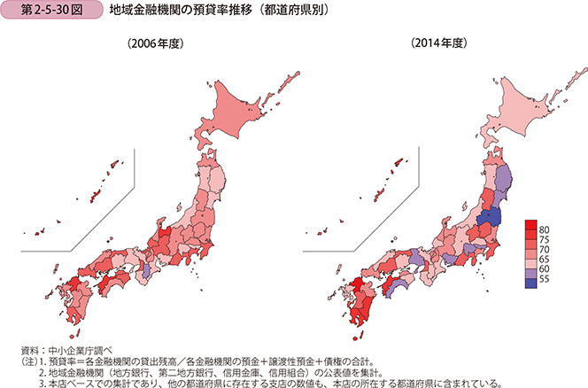 第2-5-30図 地域金融機関の預貸率推移（都道府県別）