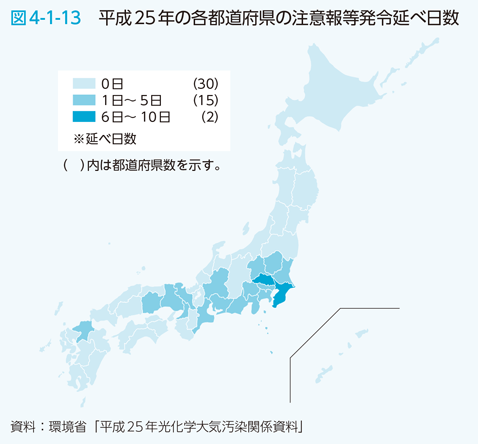 図4-1-13 平成25年の各都道府県の注意報等発令延べ日数