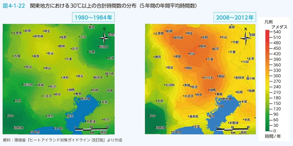 図4-1-22 関東地方における30℃以上の合計時間数の分布（５年間の年間平均時間数）