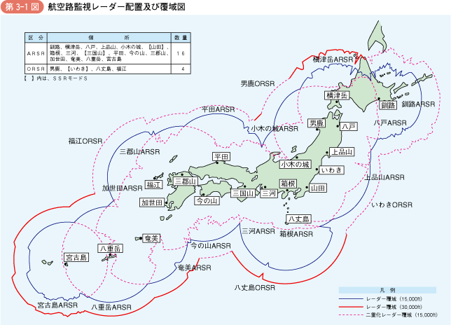 第3‐1図 航空路監視レーダー配置及び覆域図