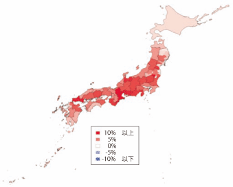 第5-2-1-9図　ERIAのシミュレーションによる日本国内への経済効果（都道府県別、2030 年、ベースライン比）