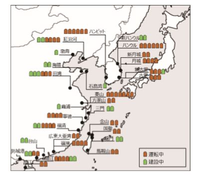 図 2-7　日本の近隣諸国における原子炉の運転・建設状況（2017年12月時点）