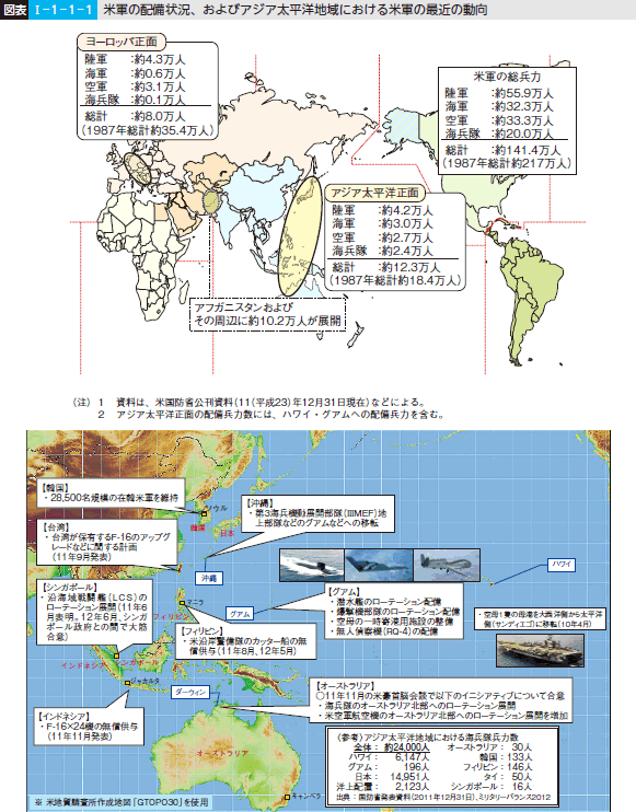 図表I-1-1-1 米軍の配備状況、およびアジア太平洋地域における米軍の最近の動向