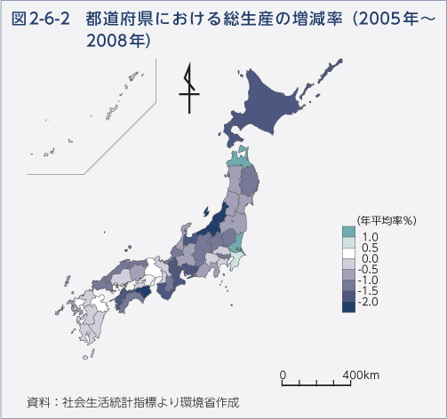 図2-6-2 都道府県における総生産の増減率（2005年〜2008年）