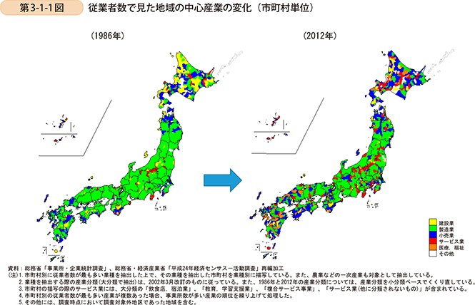 第3-1-1図　従業者数で見た地域の中心産業の変化(市町村単位)