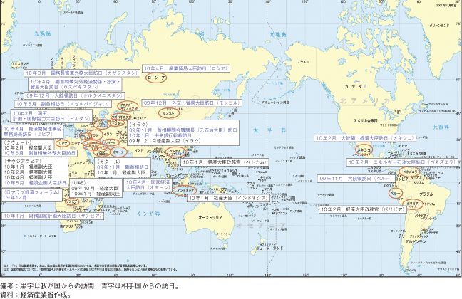 第3-2-2-9図　世界に向けた主な資源外交の展開（2009年夏以降）