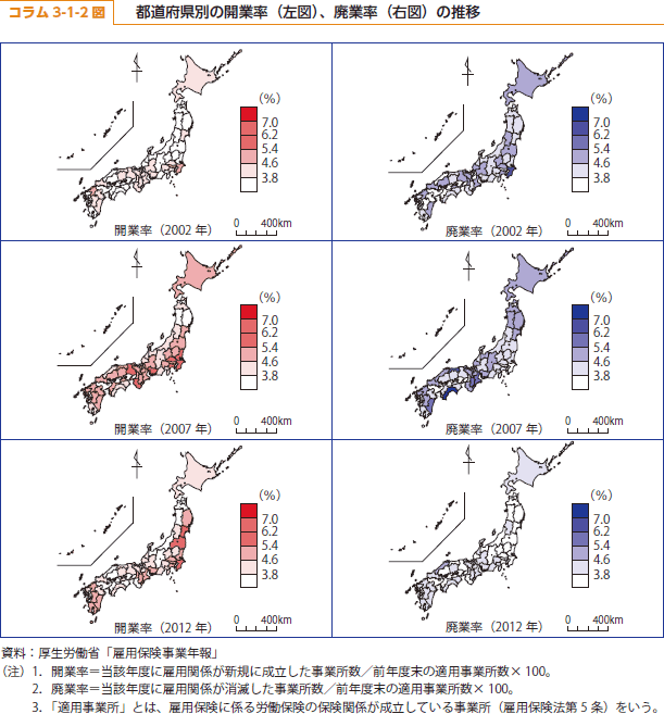 コラム3-1-2図　都道府県別の開業率(左図)、廃業率(右図)の推移