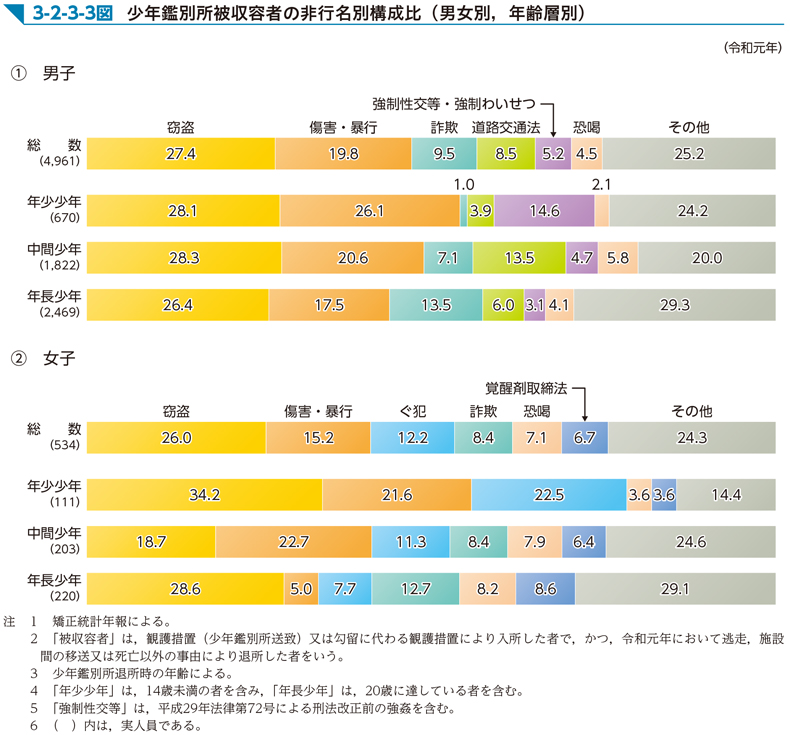 3-2-3-3図　少年鑑別所被収容者の非行名別構成比（男女別，年齢層別）