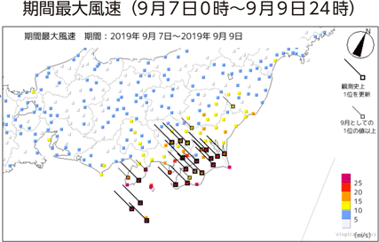 期間最大風速（9月7日0時～9月9日24時）