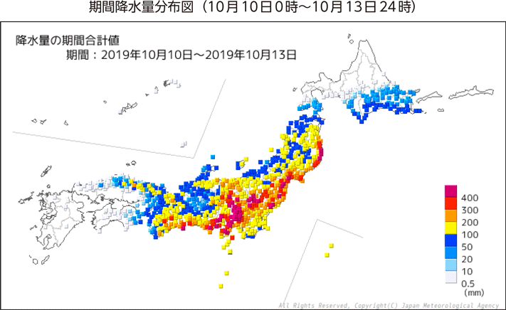 期間降水量分布図（10月10日0時～10月13日24時）