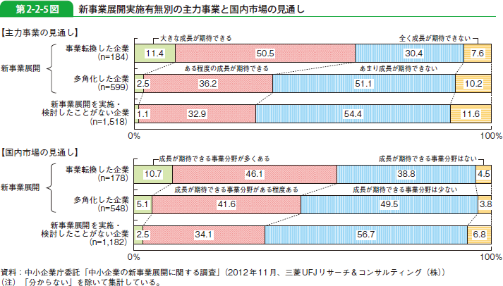 第2-2-5図 新事業展開実施有無別の主力事業と国内市場の見通し