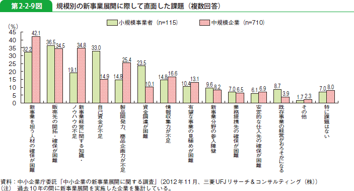 第2-2-9図 規模別の新事業展開に際して直面した課題（複数回答）