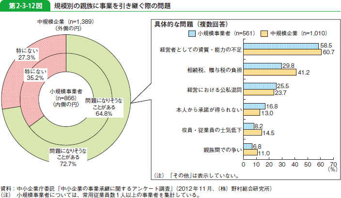 第2-3-12図 規模別の親族に事業を引き継ぐ際の問題