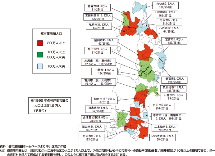 第1-2-3図　青森県、岩手県、宮城県、福島県における都市雇用圏（2005年） ～津波被災地域には、生活面、経済面双方から見て小規模な都市雇用圏が点在している～