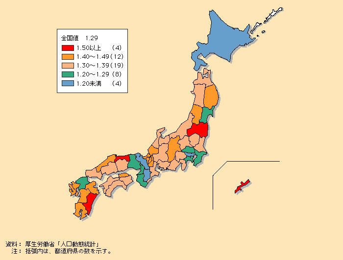 第1‐1‐11図　2004（平成16）年都道府県別出生率地図