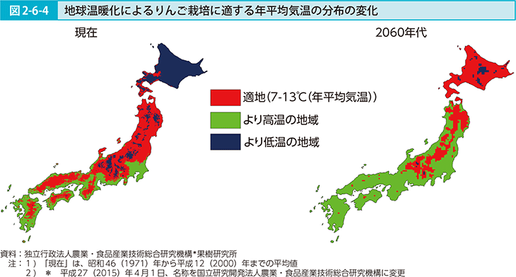 図2-6-4 地球温暖化によるりんご栽培に適する年平均気温分布の変化