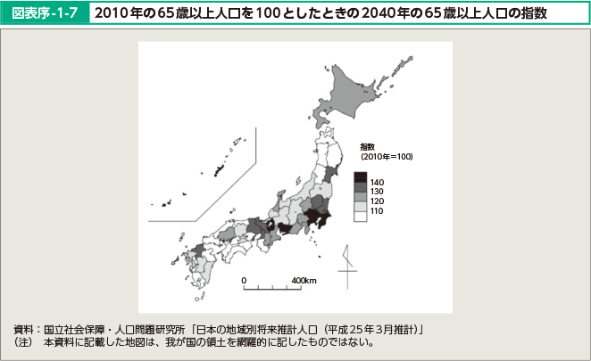 図表序-1-7 2010年の65歳以上人口を100としたときの2040年の65歳以上人口の指数