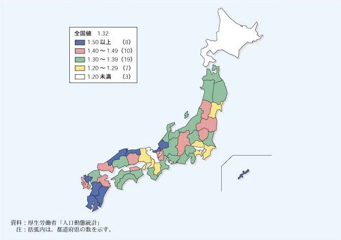 第1‐1‐11図　都道府県別合計特殊出生率地図（2006年）