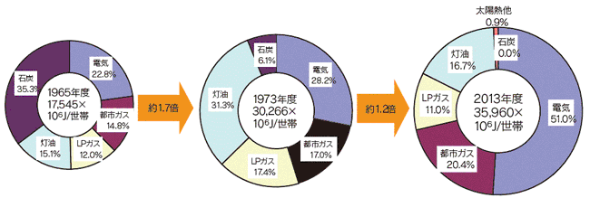 【第212-2-5】家庭部門におけるエネルギー源別消費の推移