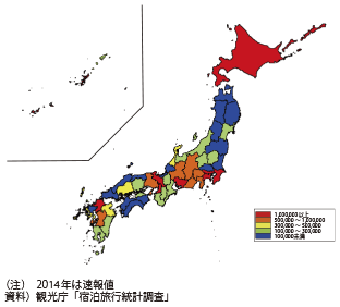 図表2-1-61　都道府県別外国人延べ宿泊者数（2014年）